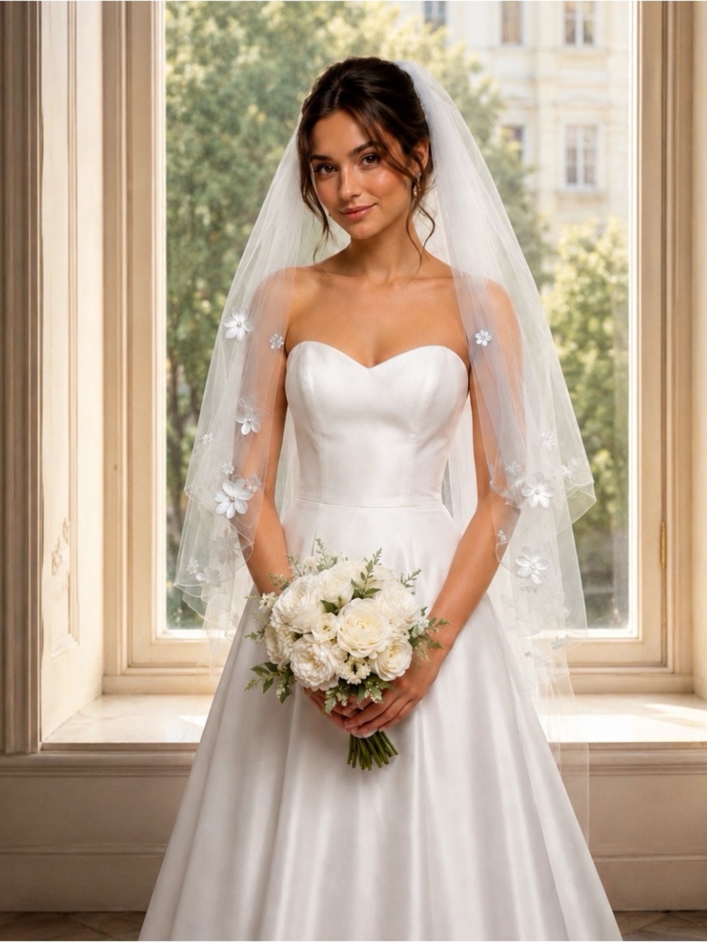 White Bridal Veil with Floral Appliqués and Pearl Accents